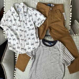 Boys 5t old navy pants in slim with tags, gray and black tshirt and palm tree.